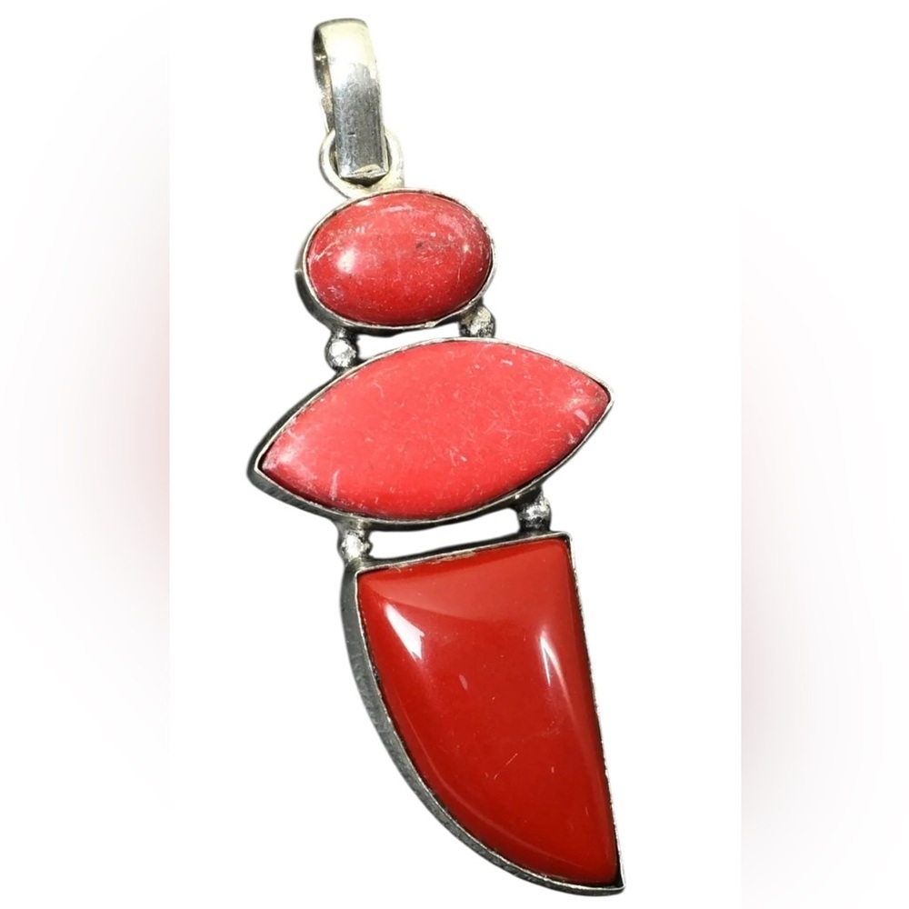 Artisan Handcrafted RED CORAL Three-Stone Silver Pendant 4330 - Picture 5 of 15